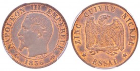 Second Empire, Napoléon III, Essai de 5 centimes, 1856, Bronze 4.7 g. 
Ref : G.154, Maz.1740 (R2) variante en Bronze
Conservation : PCGS SP62