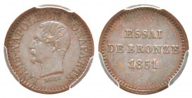 Second Empire, Napoléon III, Essai de 1 centime, tranche lisse, Paris, 1851, AE 1 g. 
Ref : G.85, Maz. 1375 (R2)
Conservation : PCGS SP63 BN