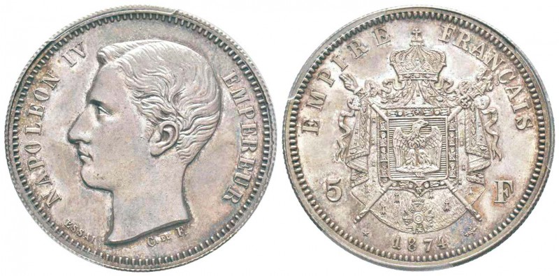 Napoléon IV, Essai de 5 Francs sur Flan Bruni, Bruxelles, 1874, AG 25.52g. 
Ref...