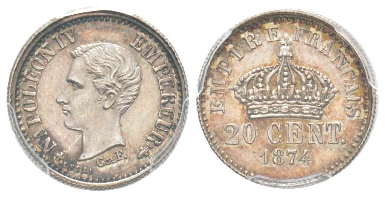 Napoléon IV, Essai de 20 Centimes, Bruxelles, 1874, AE 1 g. 
Ref : G.310 (1989)...