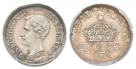 Napoléon IV, Essai de 20 Centimes, Bruxelles, 1874, AE 1 g. 
Ref : G.310 (1989), Maz.1767 (R2)
Conservation : PCGS SP63. Rare