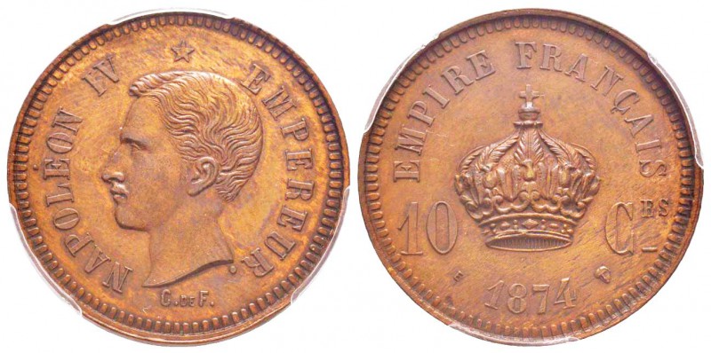 Napoléon IV, Essai de 10 Centimes, Bruxelles, 1874, AE 9.43g. 
Ref : G.254 (198...