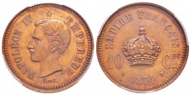Napoléon IV, Essai de 10 Centimes, Bruxelles, 1874, AE 9.43g. 
Ref : G.254 (1989), Maz.1768 (R2)
Conservation : PCGS SP63 BN. Rare