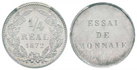 IIIème République, Essai du 1/4 de réal, Paris, 1872, Al 0.98 g. 
Ref : Maz.2232 (R1)
Conservation : PCGS SP65
