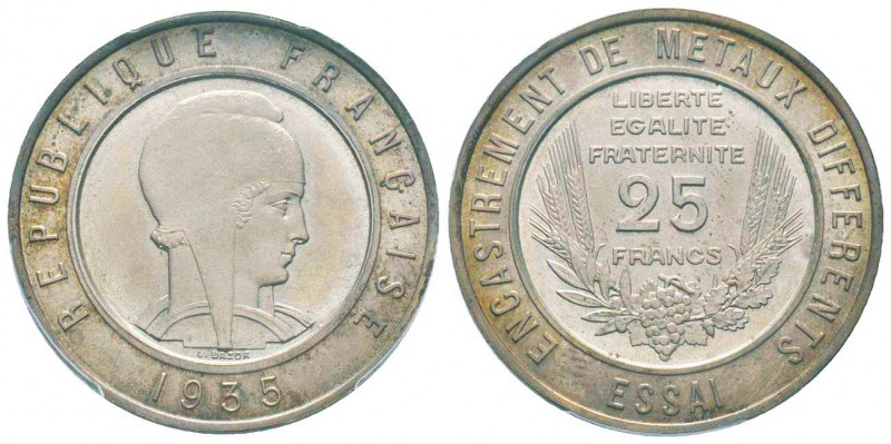 IIIème République, Essai bimétallique de 25 Francs Bazor, Paris, 1935, AG, 15 g....