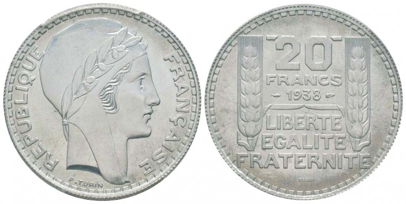 IIIème République, Essai de 20 Francs Turin, tranche lisse, Paris, 1938, Al 4 g....