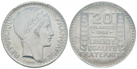 IIIème République, Essai de 20 Francs Turin, tranche lisse, Paris, 1938, Al 4 g. 
Ref : Taill.200.6, Maz.2555b (R1)
Conservation : PCGS SP65
Cet Es...