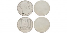 Troisième République, Essai uniface d'avers et du revers de 20 Francs Turin, 1929, tranche cannelée, bronze argenté 18 g. chaque           
Ref : Tai...