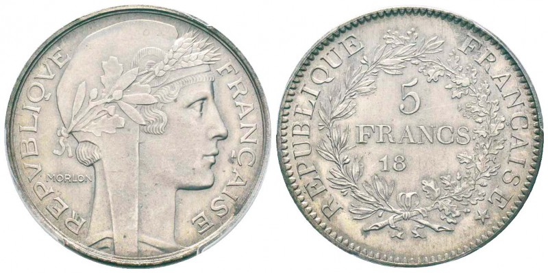 IIIème République,  Epreuve en nickel du 5 Francs Morlon, Paris, 18--, Ni 20 g. ...