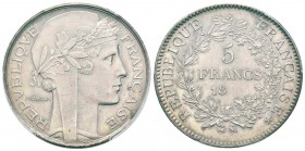 IIIème République,  Epreuve en nickel du 5 Francs Morlon, Paris, 18--, Ni 20 g. 
Ref : Taill.133.1, Maz.2613 (R2)
Conservation : PCGS SP63. Très Rar...