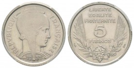 France, IIIe République, Essai de 5 Francs Bazor, Paris, 1933, Ni 6 g. 
Ref : Taill.134.7,  Maz.2559 (R1)
Conservation : PCGS SP64