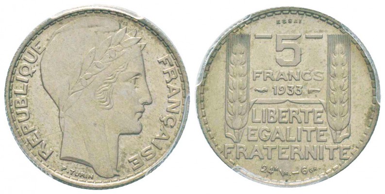 IIIème République, Essai de 5 Francs Turin, Paris, 1933, Cupro-Nickel, 6 g. 
Re...