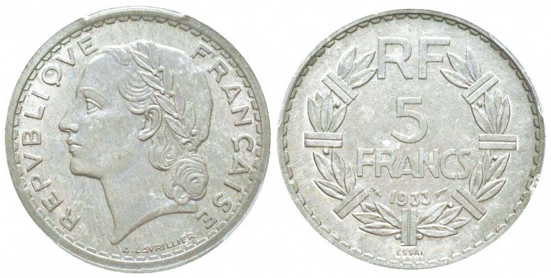 IIIème République, Essai de 5 Francs Lavrillier, 1933, ALl 3.1 g.  
Ref :  Tail...