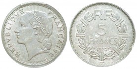 IIIème République, Essai de 5 Francs Lavrillier, 1933, ALl 3.1 g.  
Ref :  Taill.141.6
Conservation : PCGS SP65. Le plus bel exemplaire connu