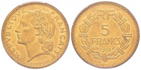 IIIème République, Essai de 5 Francs Lavrillier, Paris, 1939, Br-Al 11.89 g. 
Ref : Taill. 141.10, Maz.2565  (R1)
Conservation : PCGS SP65
Quantité...