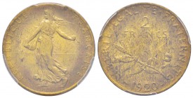 IIIème République, Epreuve en bronze-aluminium du 2 Francs Semeuse, Paris, 1920, AE-Al 7.51 g. 
Ref : Taill.111.3, Maz. 2571 (R1)
Conservation : PCG...