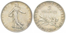 IIIème République, Piéfort de 2 Francs Semeuse, Paris, 1928, AG 19.97 g. 835‰
Ref :  Taill.111.P3, Maz.2573 (R2)
Conservation : PCGS SP64