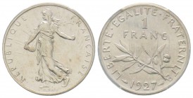 IIIème République, Piéfort de 1 Franc Semeuse, Paris, 1927, AG, 10.01 g. 835‰
Ref : Taill.94.EP,  Maz.2581 (R2)
Conservation : PCGS SP65. Très Rare...
