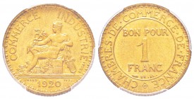 IIIème République, Essai de 1 Franc Chambres de Commerce, Paris, 1920, AE-Al 4.42 g. 
Ref : Taill.95.5, Maz.2583 (R1)
Conservation : PCGS SP65
