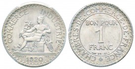 IIIème République, Essai de 1 Franc Chambres de Commerce, Paris, 1920, Maillechort 3.97 g. 
Ref :Taill.95.9, Maz.2583e (R1)
Conservation : PCGS SP66...
