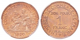 IIIème République, Essai de 1 Franc Chambres de Commerce, Paris, 1920, Cuivre 4.59 g. 
Ref :  Taill.95.10, Maz.2583d (R1)
Conservation : PCGS SP64 B...