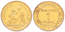 IIIème République, Piéfort de 1 Franc Chambres de Commerce, Paris, 1920, AE-Al 8.5 g. 
Ref : Taill.95.EP, Maz.2583a (R1)
Conservation : PCGS SP65