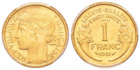 IIIème République, Essai de 1 Francs Morlon, 1931, Br-Al 3.97 g. 
Ref :  G.470, Taill.97.1, Maz.2585 (R1)
Conservation : PCGS SP65