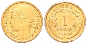 IIIème République, Piéfort de 1 Francs Morlon, 1931, Br-Al 7.21 g. 
Ref : Taill.97.EP, Maz.2585a (R2)
Conservation : PCGS SP61. Rare