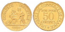 IIIème République, Piéfort de 50 centimes Chambres de Commerce, Paris, 1920, AE-Al 3.95 g. 
Ref : Taill.82.EP, Maz.2587b (R1)
Conservation : PCGS SP...