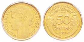 IIIème République, Essai de 50 centimes Morlon, 1931, Br-Al 2.04 g. 
Ref : G.423, Taill.84.1, Maz.2590 (R1)
Conservation : PCGS SP65
Variante sans ...