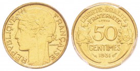 IIIème République, Piéfort de 50 centimes Morlon, 1931, Br-Al 3.21 g. 
Ref : Taill.84.EP, Maz.2590a (R2)
Conservation : PCGS SP64. Très Rare