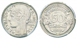 IIIème République, Essai de 50 centimes Morlon, Paris, 1939, Ni 2.99 g. 
Ref : Taill.84.8, Maz.2593 (R1)
Conservation : PCGS SP63