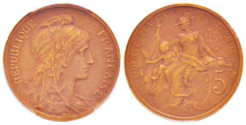 IIIème République, Piéfort de 5 centimes Daniel-Dupuis , Paris, 1898, AE 10 g. ...