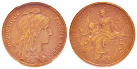 IIIème République, Piéfort de 5 centimes Daniel-Dupuis , Paris, 1898, AE 10 g. 
Ref : Taill.14.P1, Maz.2196 (R2)
Conservation : PCGS SP64 BN
Sans l...