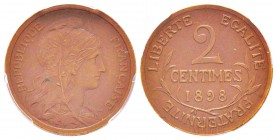 IIIème République, Piéfort de 2 centimes Daniel-Dupuis flan mat, Paris, 1898, AE 5.96 g. 
Ref : Taill.7.P2, Maz.2216b (R2)
Conservation : PCGS SP62 ...