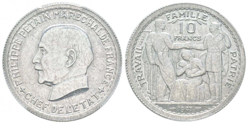 Etat Français, Essai de 10 Francs Pétain, de Bazor et Vézien, 1943, Aluminium 3....