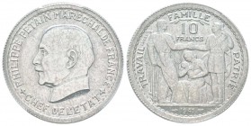 Etat Français, Essai de 10 Francs Pétain, de Bazor et Vézien, 1943, Aluminium 3.2 g.              
Ref :  Taill.179.1, Maz.2658b (R4)       
Conserv...