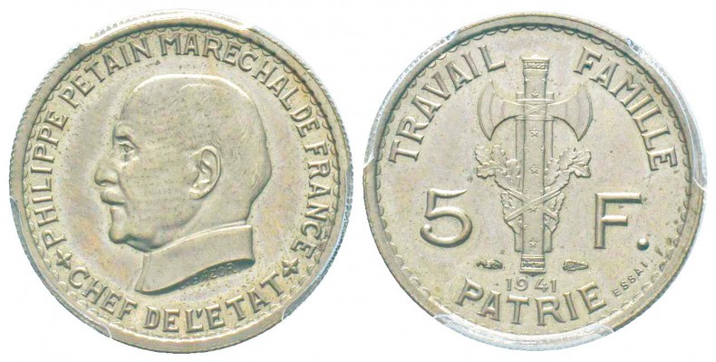 État français, Essai de 5 Francs Maréchal Pétain II type, Paris, 1941, Cu-Ni 3.9...