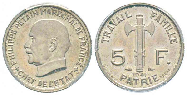 État français, Essai de 5 Francs Maréchal Pétain type définitif, Paris, 1941, Fe...
