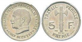 État français, Essai de 5 Francs Maréchal Pétain type définitif, Paris, 1941, Fer Nickelé 3.46 g. 
Ref : G.764, Taill. 142.60
Conservation : PCGS SP...