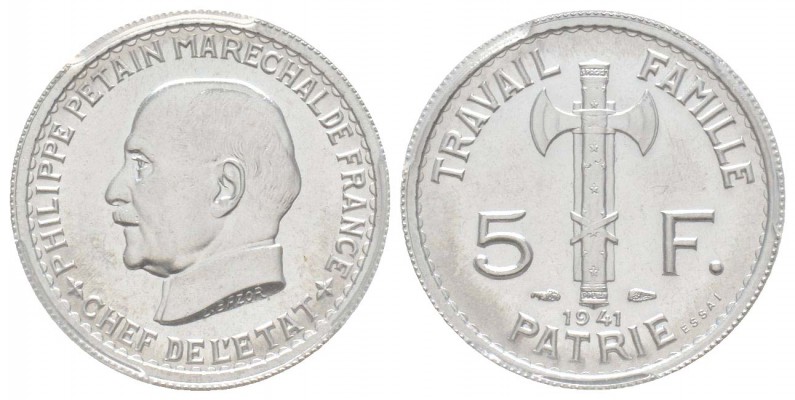 État français, Essai de 5 Francs Maréchal Pétain, Paris, 1941, Al, 1.2 g. 
Ref ...