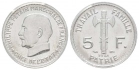 État français, Essai de 5 Francs Maréchal Pétain, Paris, 1941, Al, 1.2 g. 
Ref : G.764, Taill. 142.62
Conservation: PCGS SP66