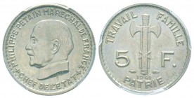 État français, Essai de 5 Francs Maréchal Pétain type définitif, Paris, 1941, Cu-Ni 4.05 g. 
Ref : G.764, Taill. 142.64
Conservation : PCGS SP64...