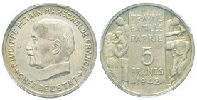 Etat Français, Essai de 5 Francs Pétain grand module, de Bazor et Galle, 1942, Cu-Ni 10.77 g.              
Ref : Taill.143.2, Maz.2662a (R4)     
C...