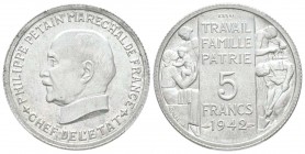 Etat Français, Essai de 5 Francs Pétain grand module, de Bazor et Galle, 1942, Aluminium 3.2 g.              
Ref : Taill.143.3, Maz.2662b (R4)      ...