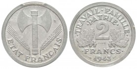 Etat Français, Essai de 2 Francs Bazor, 1943,  Aluminium 2.23 g.              
Ref : Taill.115.3, Maz.2664 (R3)   
Conservation : PCGS SP65      
Q...