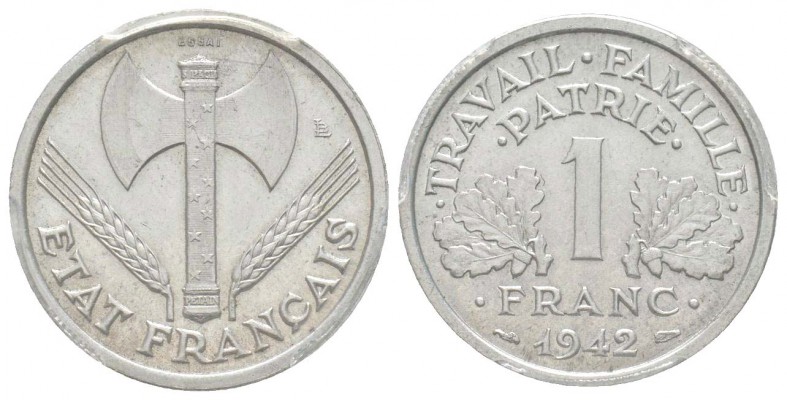 Etat Français, Essai de 1 Franc Bazor, poids lourd, 1942, Aluminium 1.6 g.      ...
