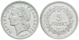 Gouvernement provisoire, Piéfort de 5 Francs Lavrillier, 1945, Aluminium 7 g.  
Ref : Taill.145.EP, Maz-2748 (R2)            
Conservation : PCGS SP...