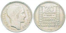 Gouvernement provisoire, Essai de 20 Francs Turin avec rameaux courts, 1945, Cu-Ni. 10 g.  
Ref : Taill.206.1 , Maz 2745 (R3)     
Conservation : PC...