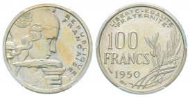 Quatrième République, Pré-série sans le mot Essai de 100 Francs Cochet, 1950, Cu-Ni 4 g.              
Ref : Taill.230.1 
Conservation : PCGS SP64  ...